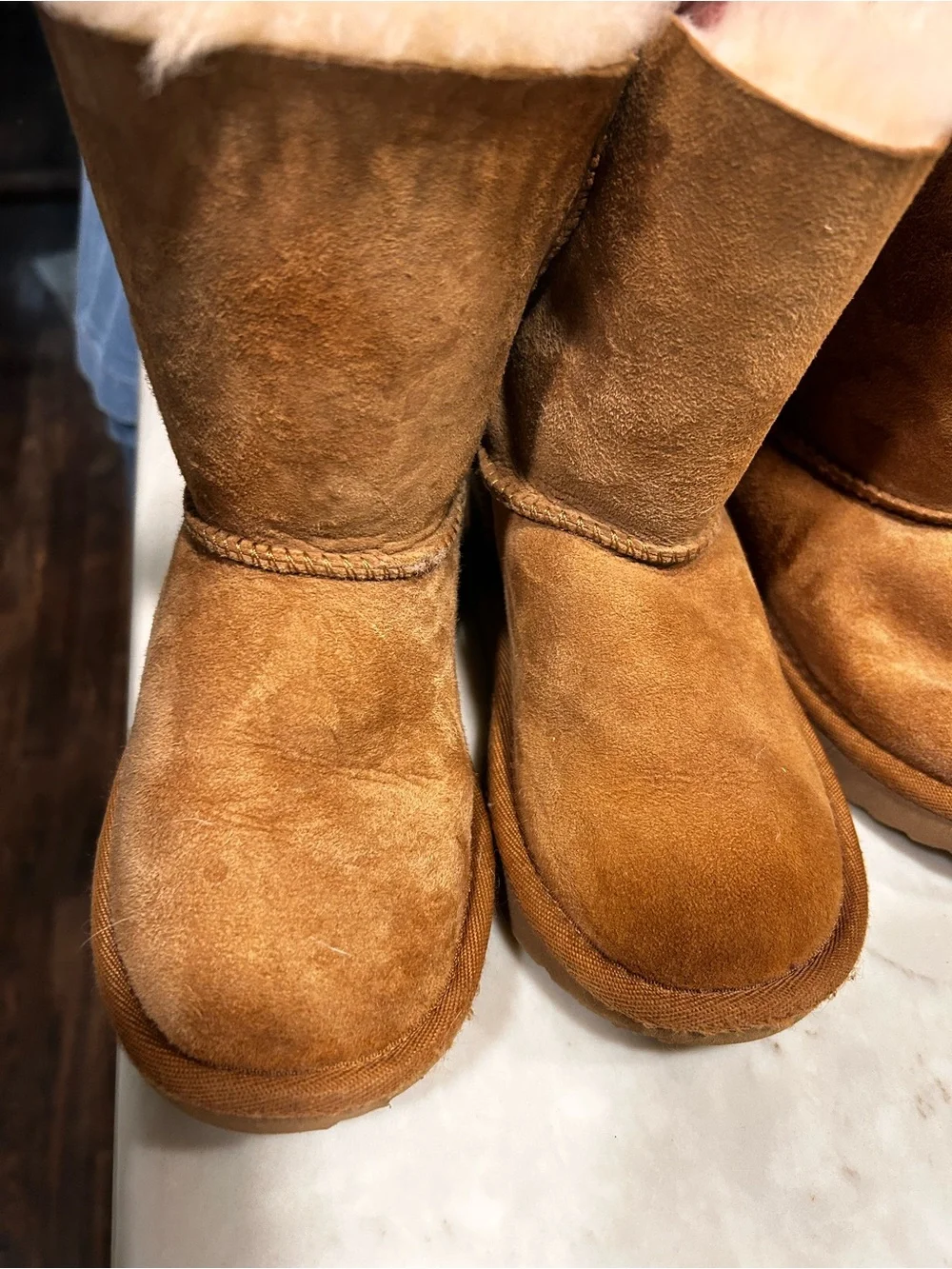 2 pair UGG Chestnut Satin Bow Back Shearling Booties, TWINS, Sz 11, excellent